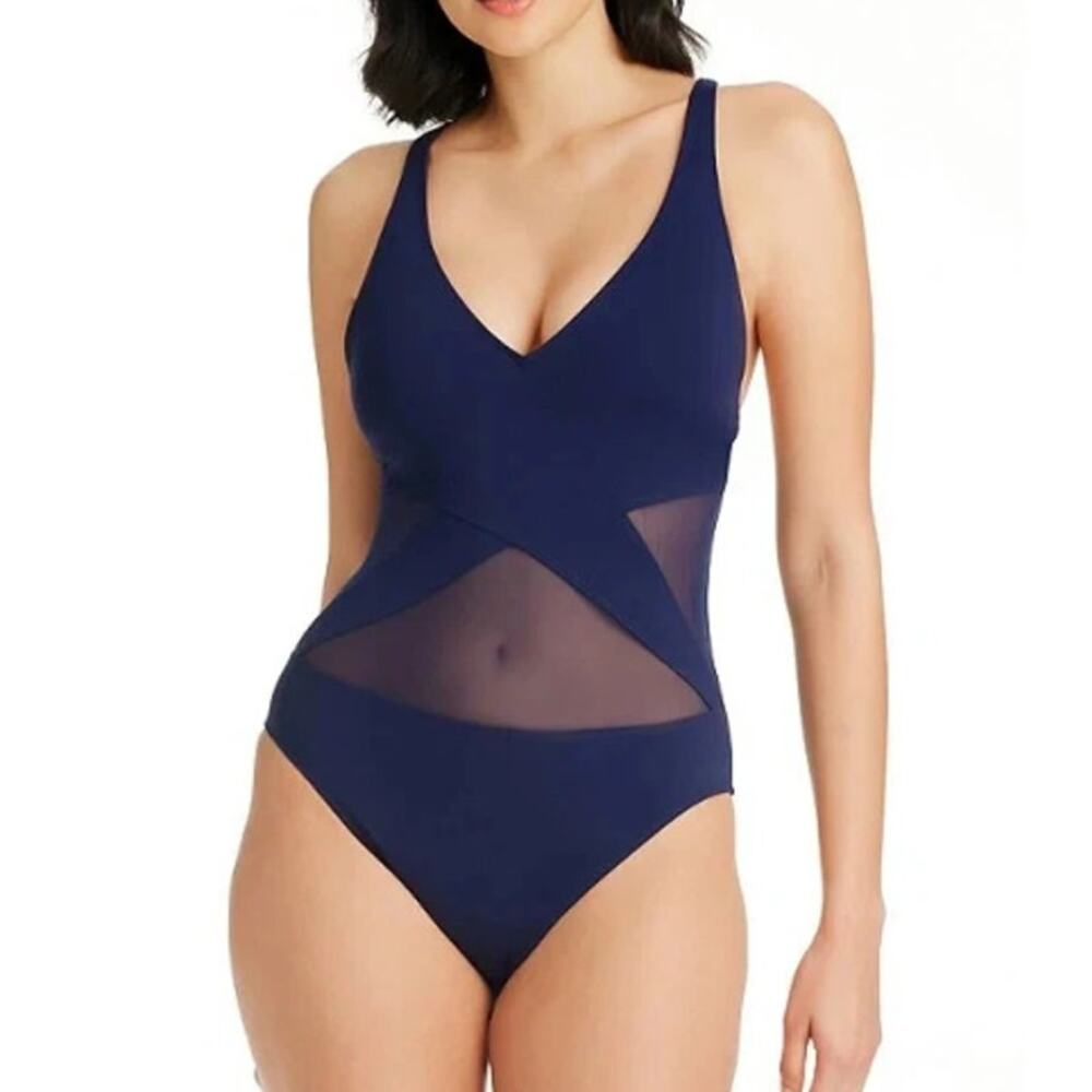 BLEU ROD BEATTIE Don't Mesh With Me One Piece Swimsuit Size 8 Navy Blue NWT